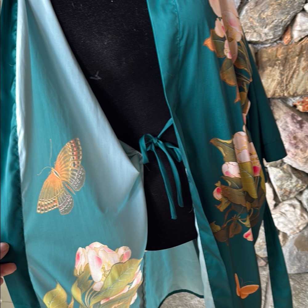 Silk-Feel Teal Floral Kimono Robe - Picture 11 of 16